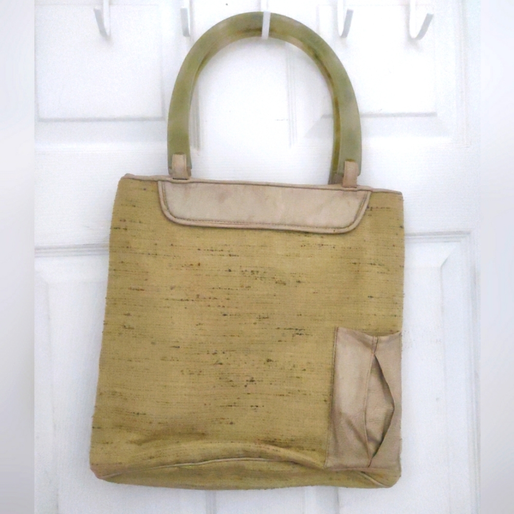 Paint The Lily Vintage Cloth & Leather Bag With Lucite Handles.